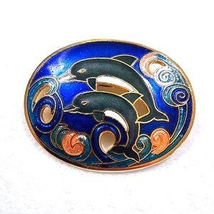 Vintage Cloisonne Dolphin Brooch Pin Ocean Waves Colorful Blue Goldtone Oval